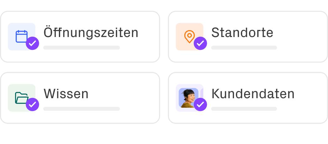 Darstellung verschiedener Beispiel-Informationen, die ein AI Agent liefern kann: Öffnungszeiten, Kundendaten, Standorte